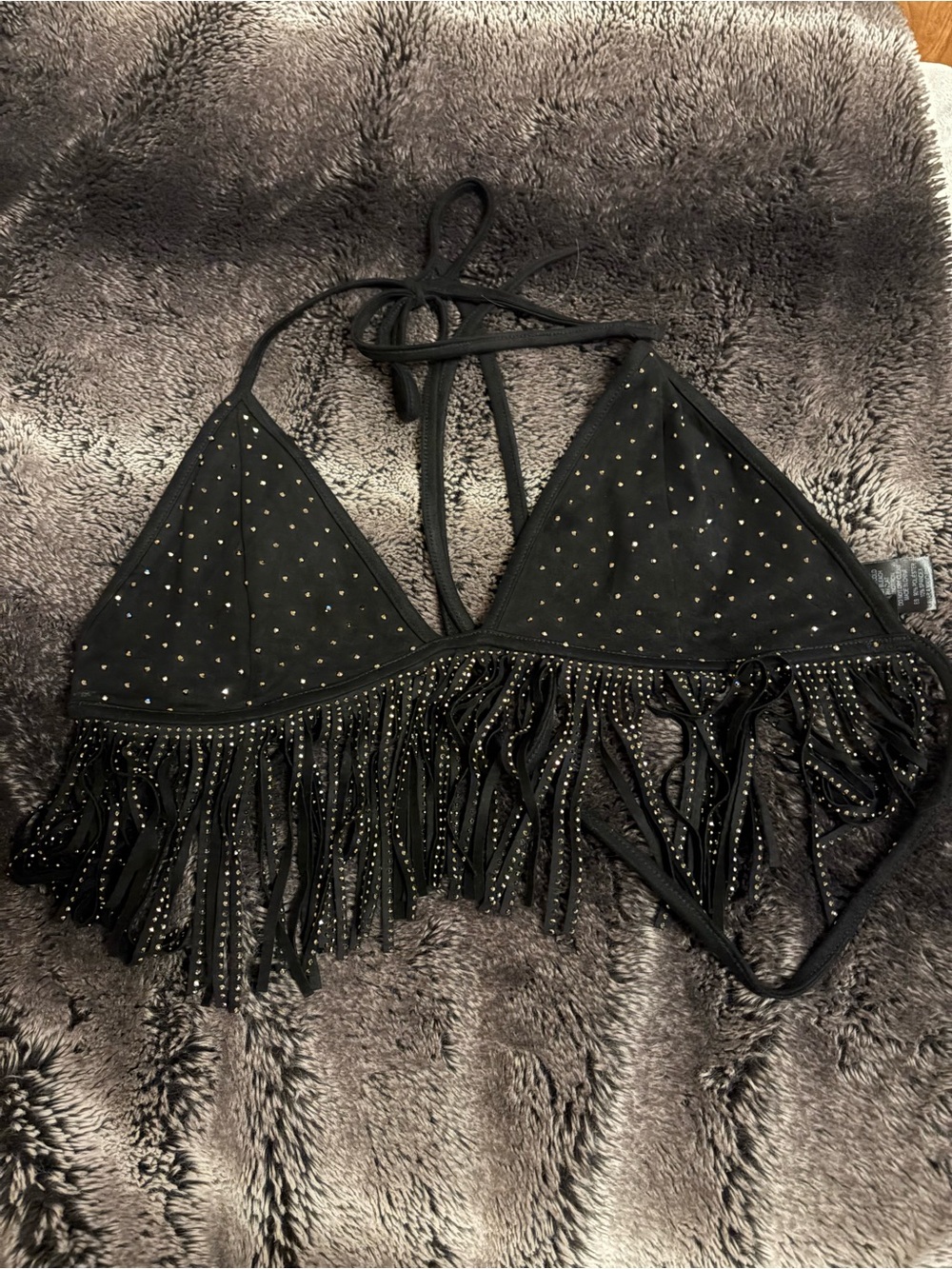Windsor Black Studded Fringe Triangle Crop Top